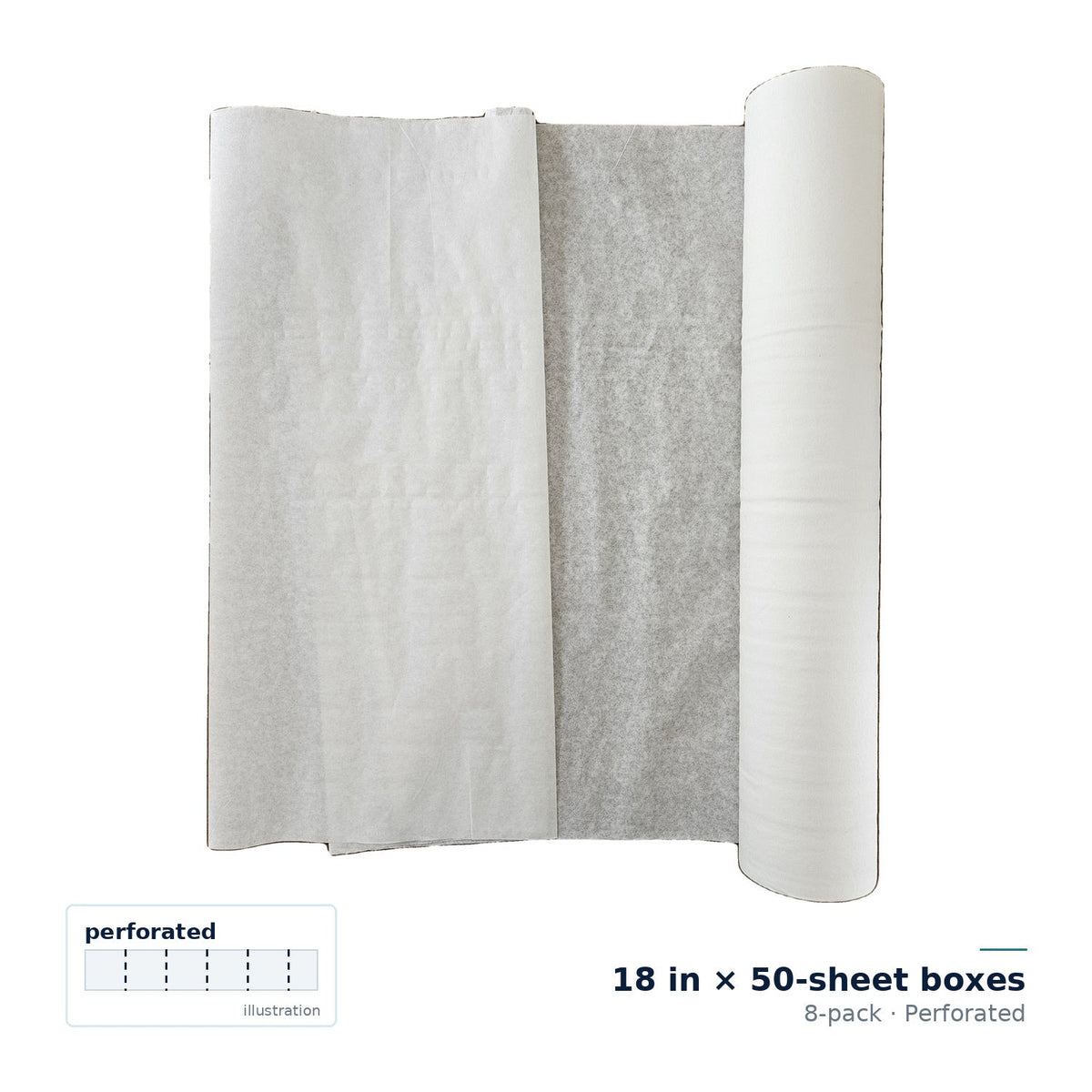 Eighteen-inch pre-perforated exam table paper roll with the perforation shown