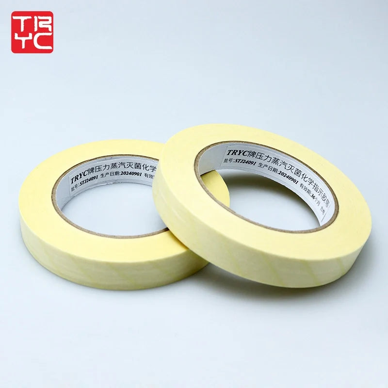 Two rolls of steam sterilization indicator tape with the batch and 36-month expiry printed on the core