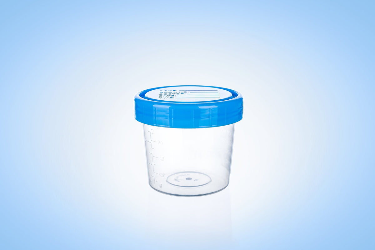 Graduated plastic sample cup with millilitre marks down one side and ounce marks down the other