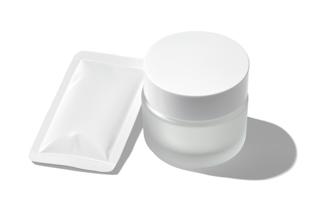 Unbranded cosmetic sachet and jar illustrating the packaging formats used for post-procedure aftercare products