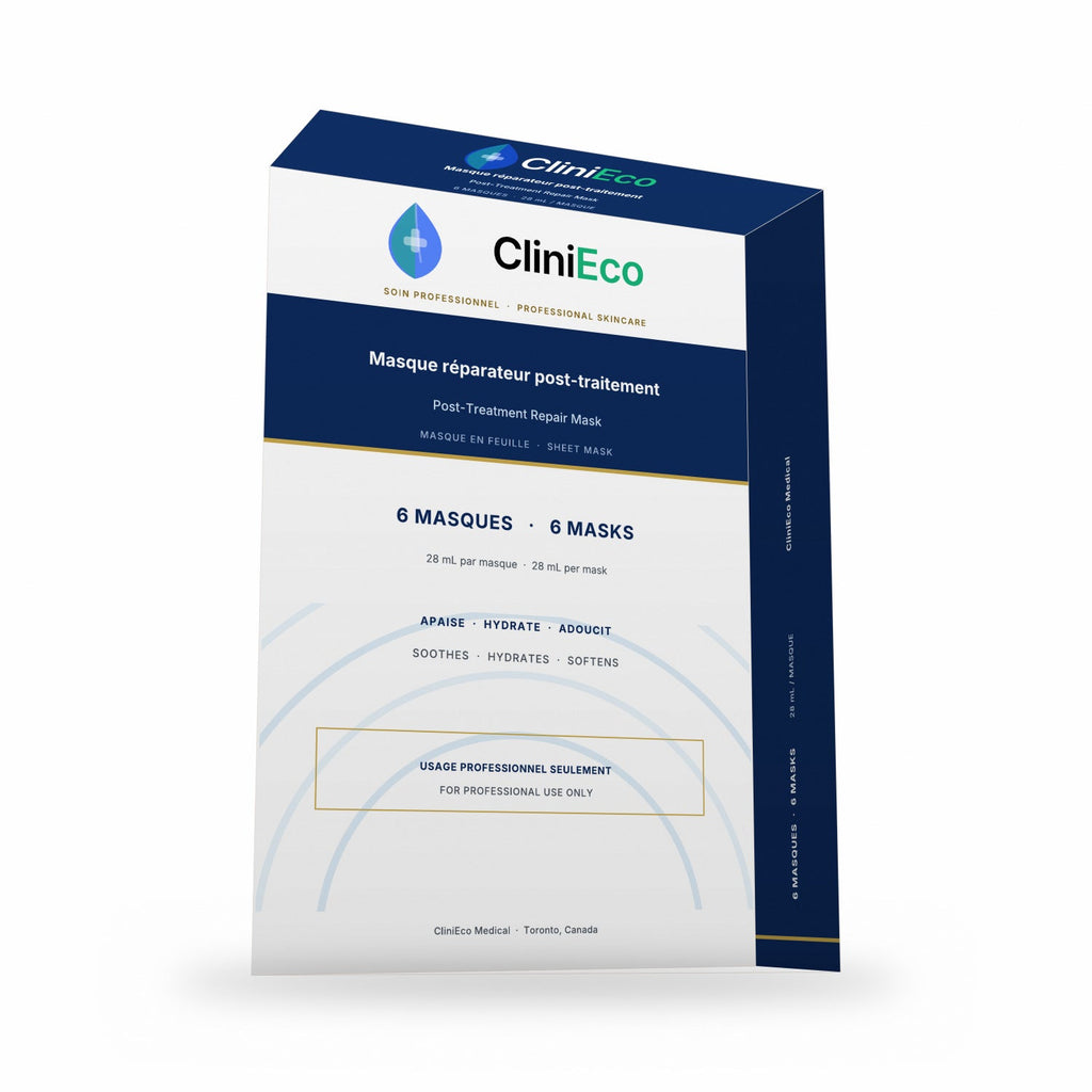 CliniEco Repair Mask carton, three-quarter front view showing the navy title band and 6-pack count