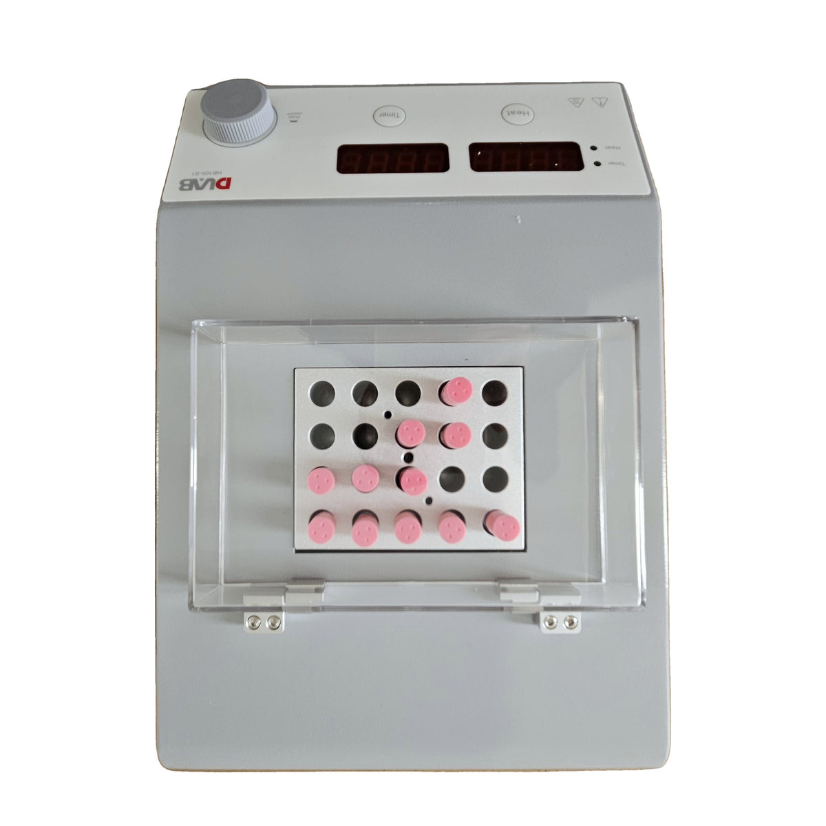 DLAB HB105-S1 dry block incubator, front view, clear hinged lid closed over the 20-well heating block