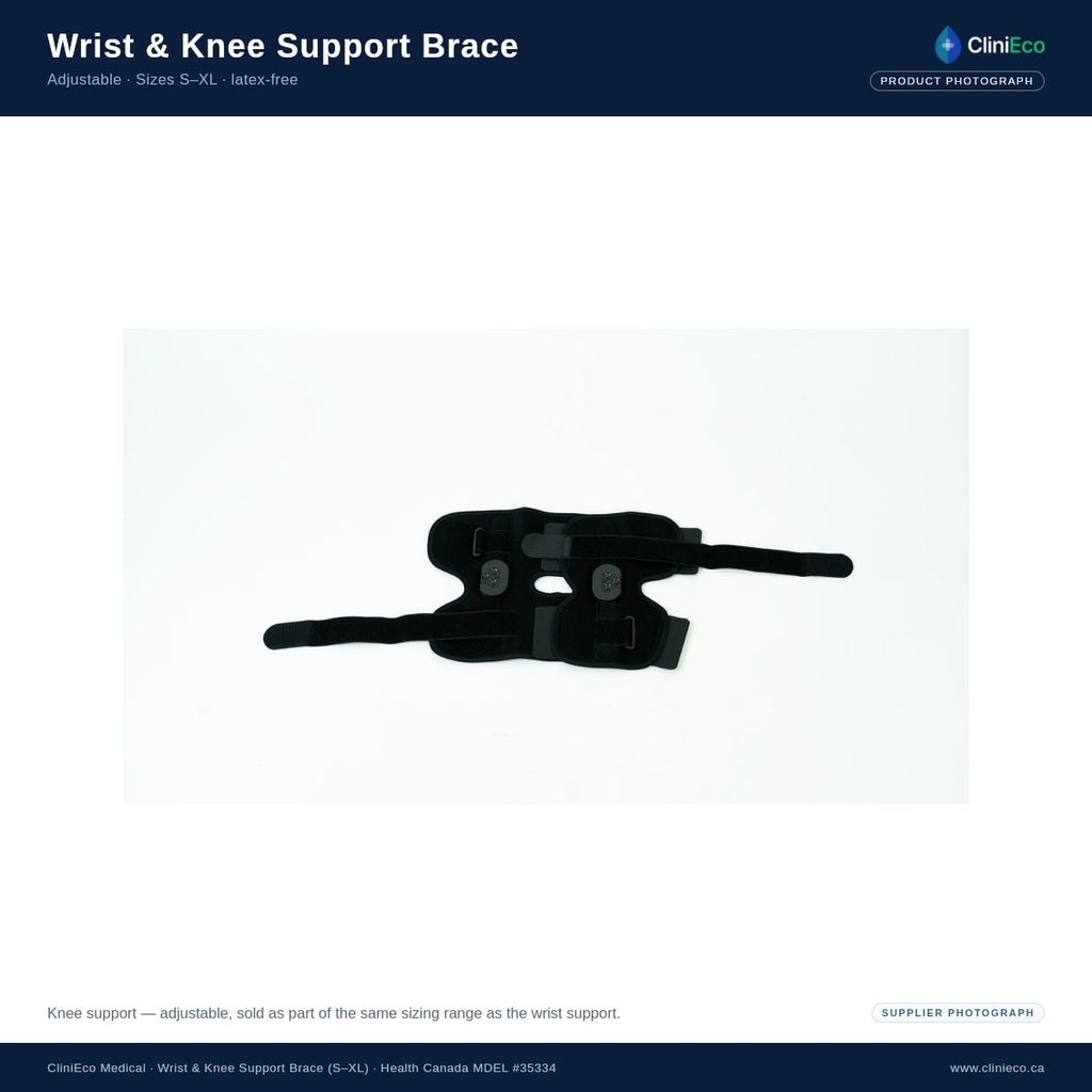 CliniEco Medical adjustable knee support brace with hinged side stays, black, sizes S-XL