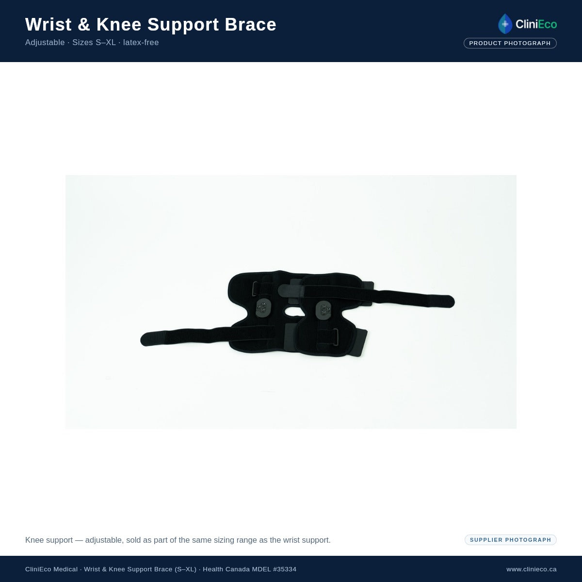 CliniEco Medical adjustable knee support brace with hinged side stays, black, sizes S-XL