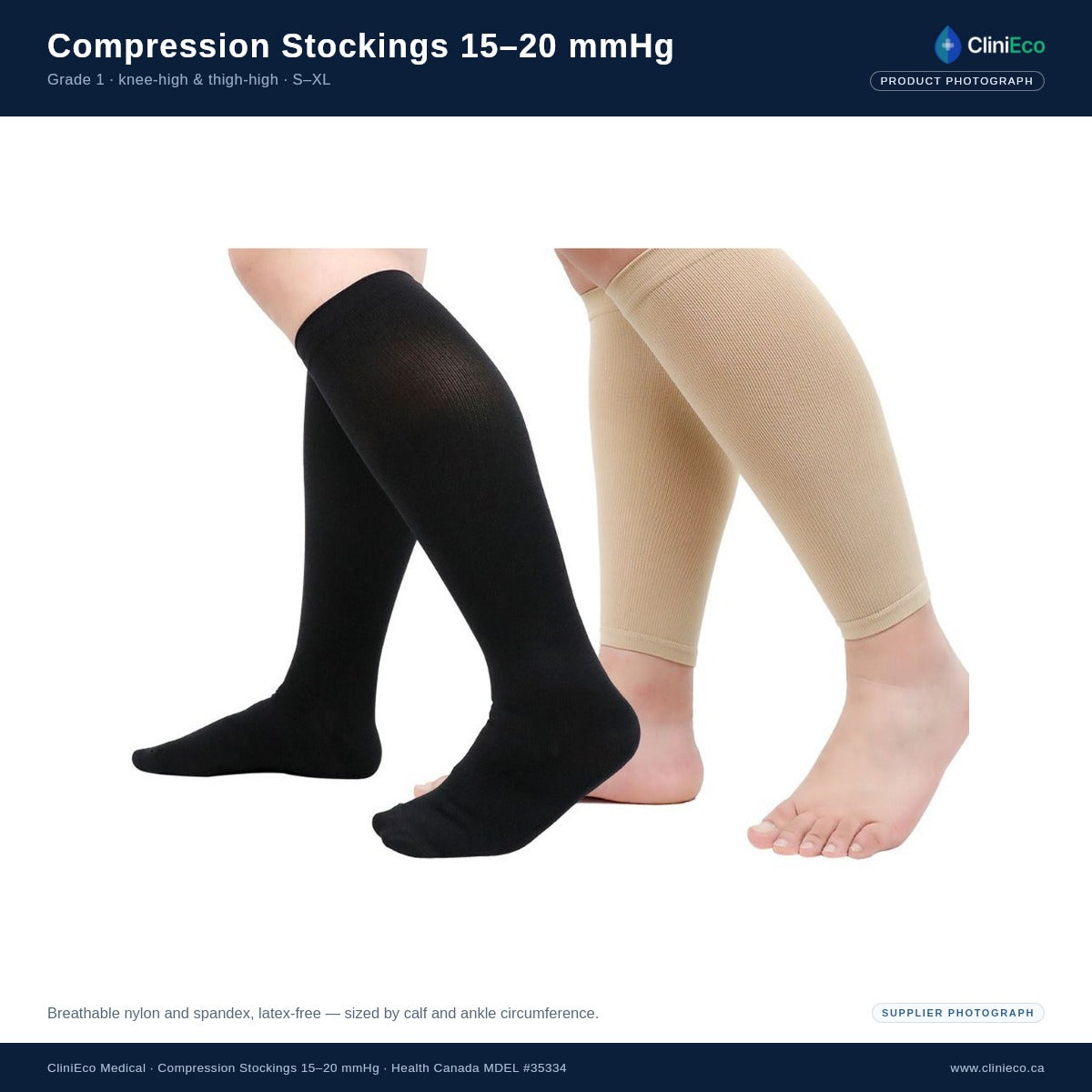 Knee-high compression stocking worn on the lower leg, 15-20 mmHg