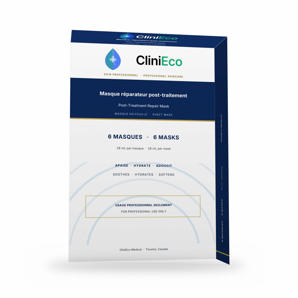 CliniEco Repair Mask carton front panel, near-front view of the full label layout