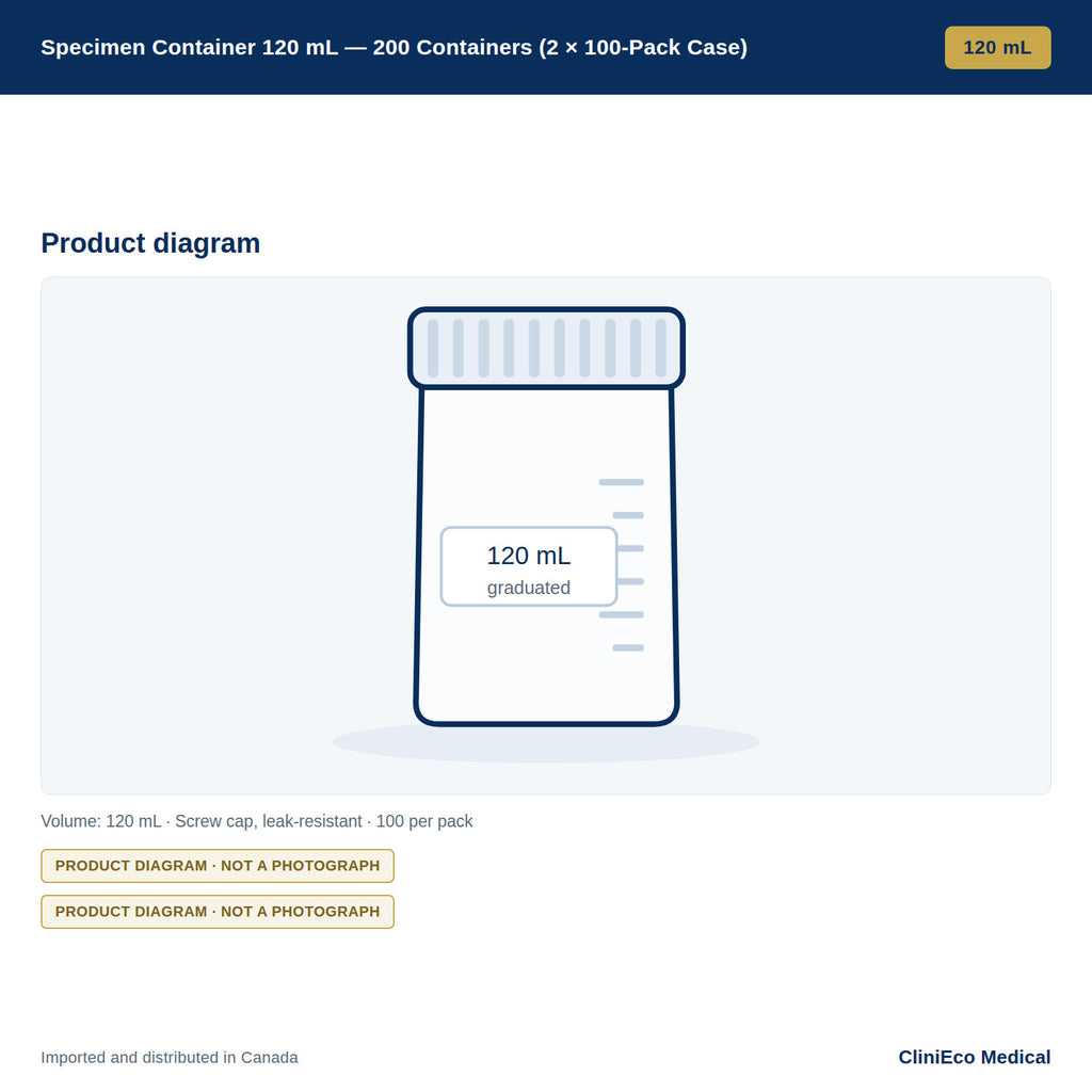 Specimen Container 120 mL — 200 Containers (2 × 100-Pack Case) — Product diagram