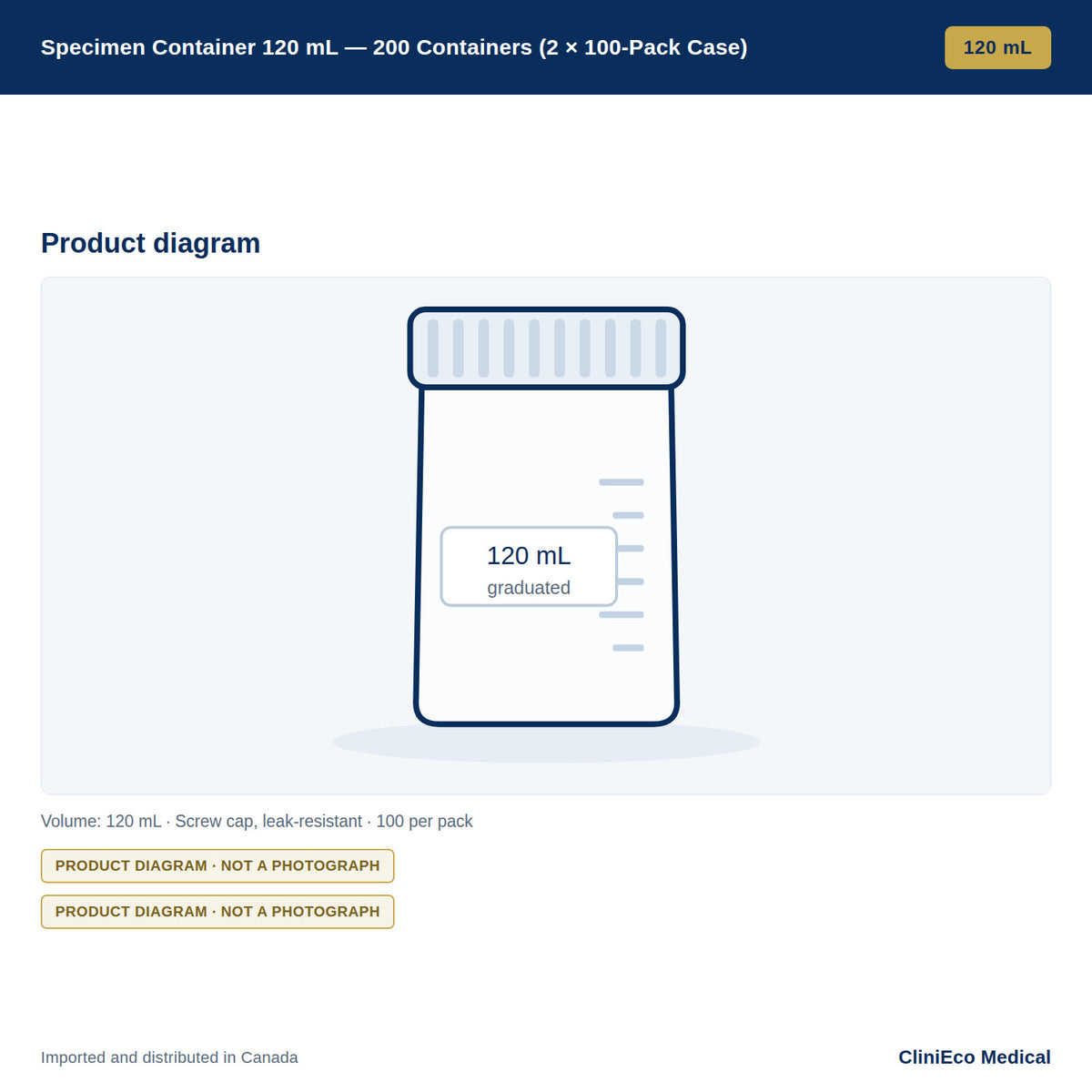 Specimen Container 120 mL — 200 Containers (2 × 100-Pack Case) — Product diagram