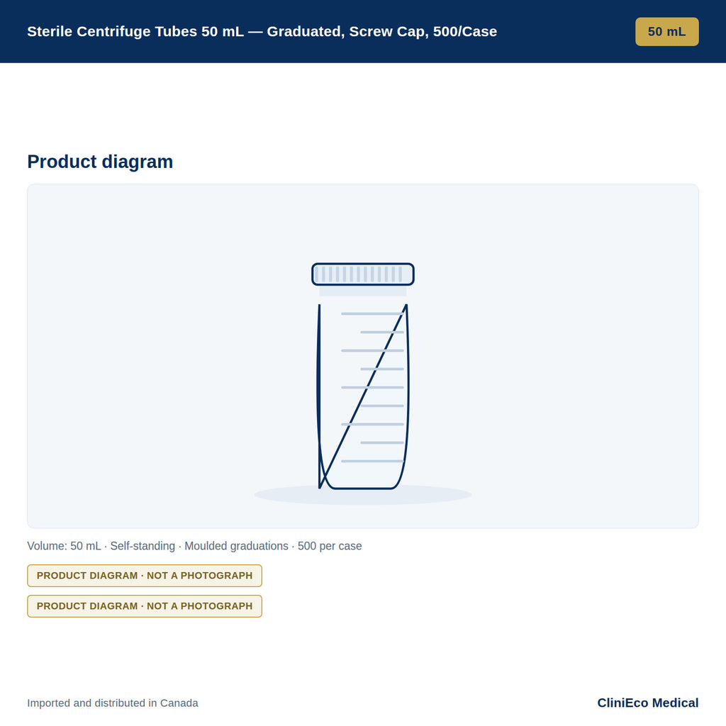 Sterile Centrifuge Tubes 50 mL — Graduated, Screw Cap, 500/Case — Product diagram