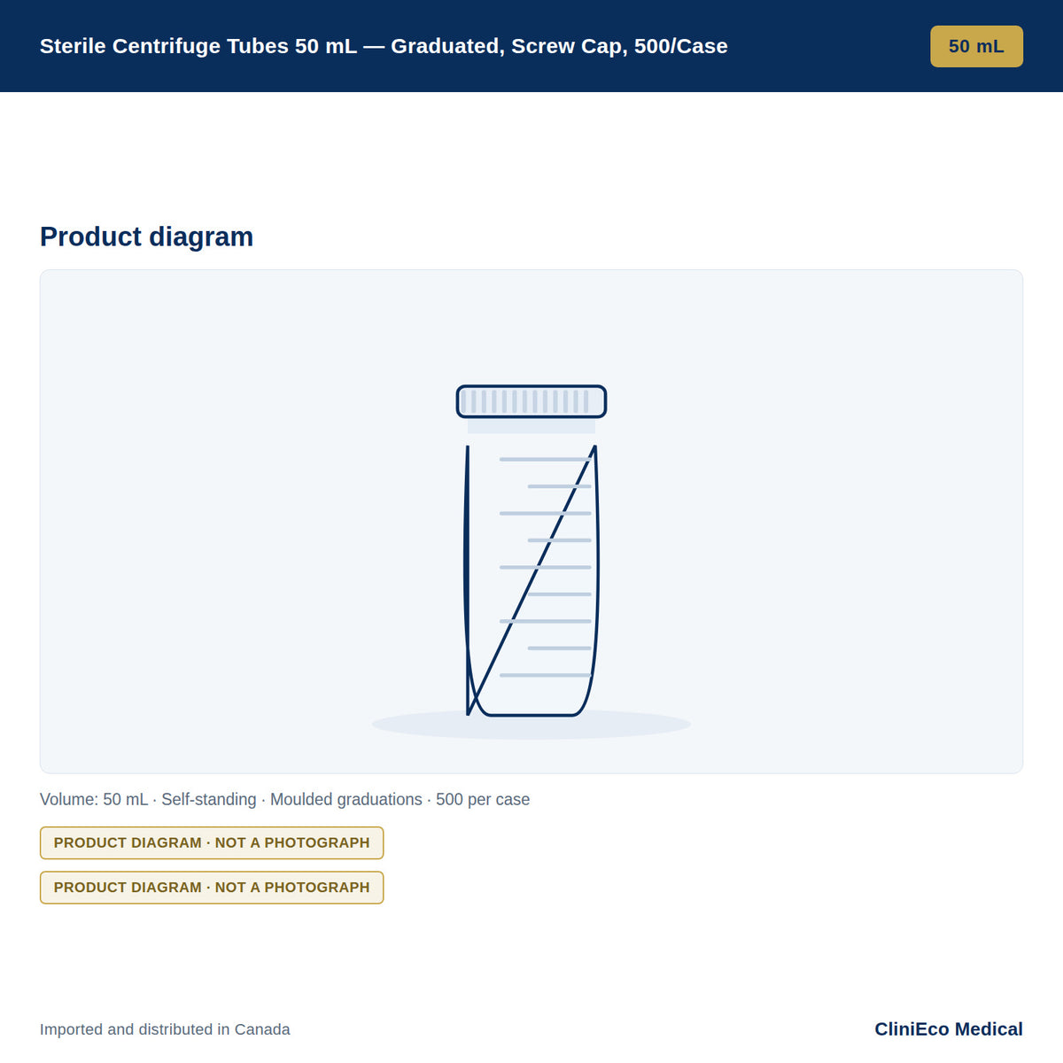 Sterile Centrifuge Tubes 50 mL — Graduated, Screw Cap, 500/Case — Product diagram