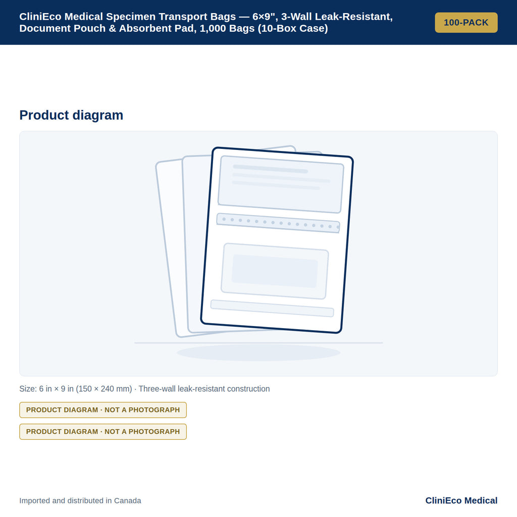 CliniEco Medical Specimen Transport Bags — 6×9", 3-Wall Leak-Resistant, Document Pouch & Absorbent Pad, 1,000 Bags (10-Box Case) — Product diagram