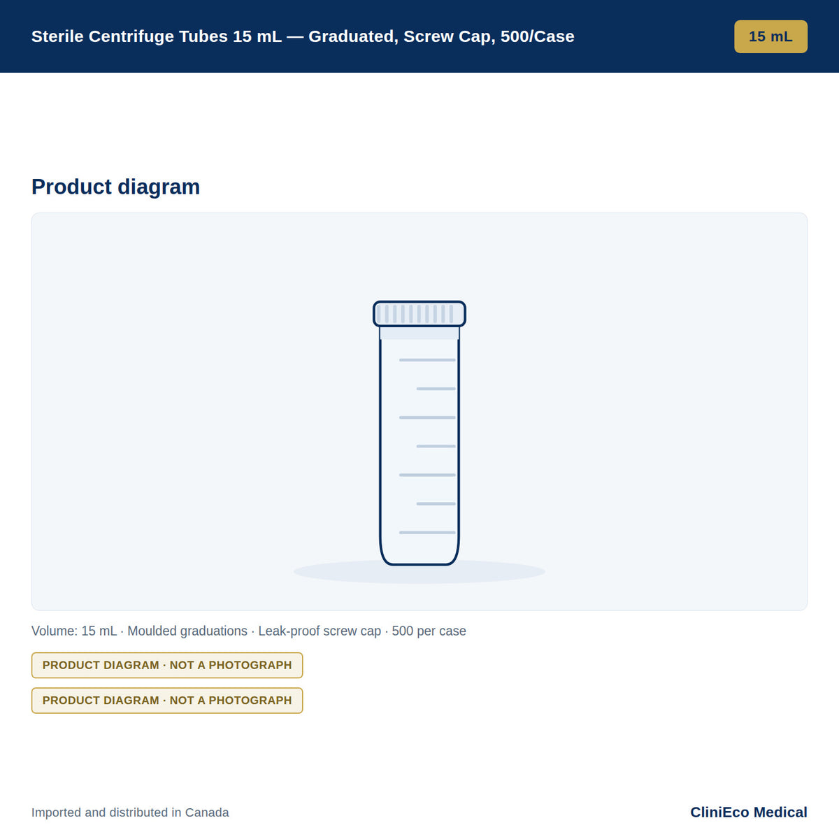Sterile Centrifuge Tubes 15 mL — Graduated, Screw Cap, 500/Case — Product diagram