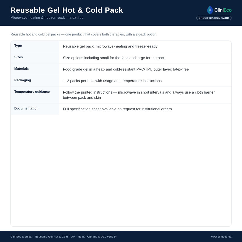 Reusable gel hot and cold pack specification summary (product diagram)