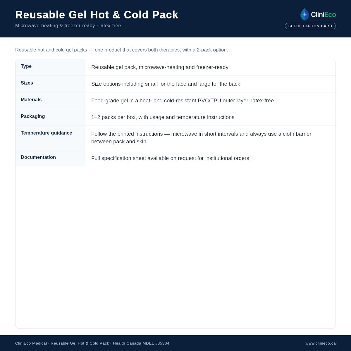 Reusable gel hot and cold pack specification summary (product diagram)