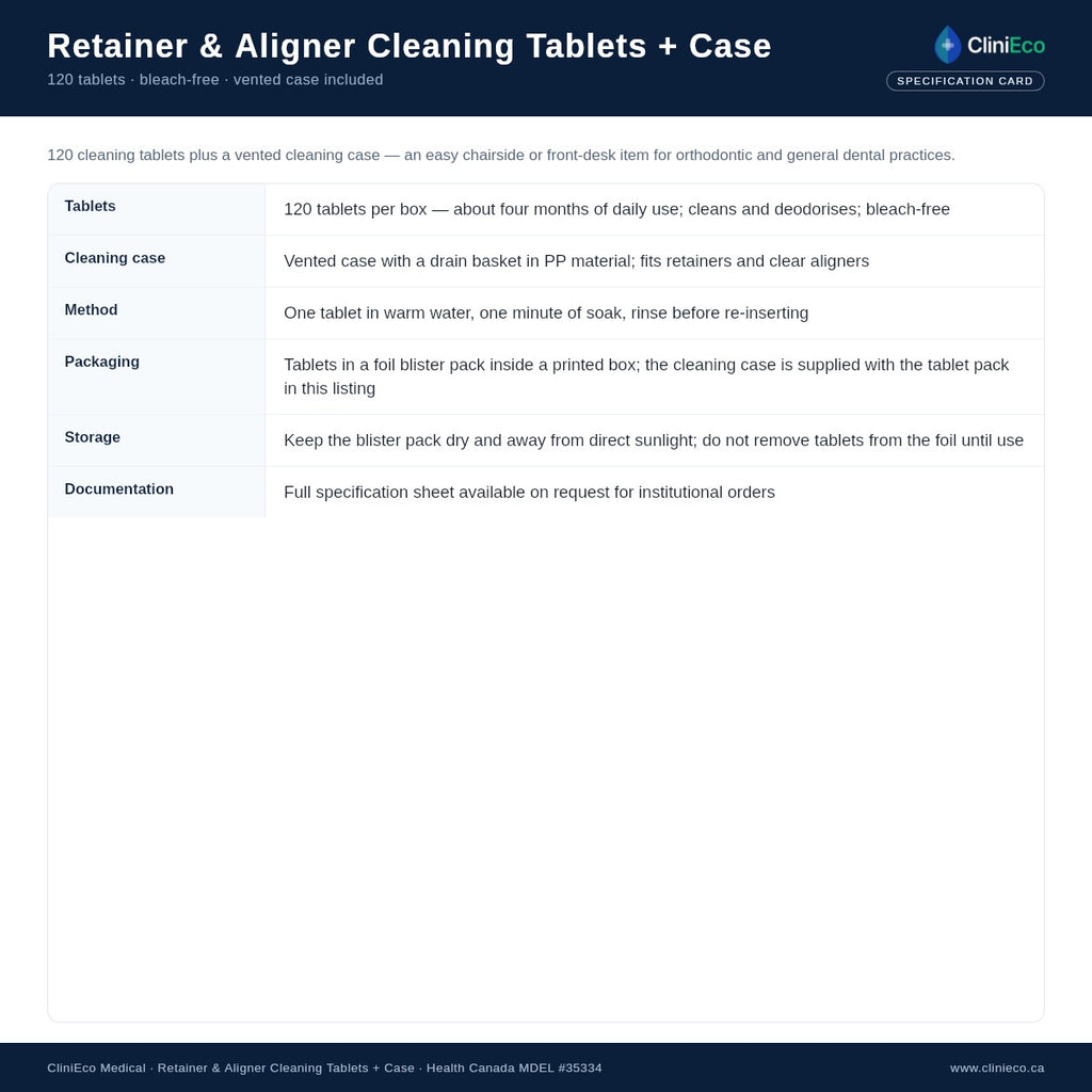 Retainer and aligner cleaning tablets and case specification summary (product diagram)