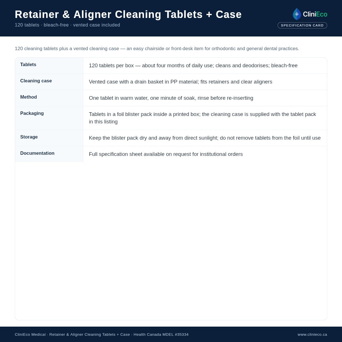 Retainer and aligner cleaning tablets and case specification summary (product diagram)