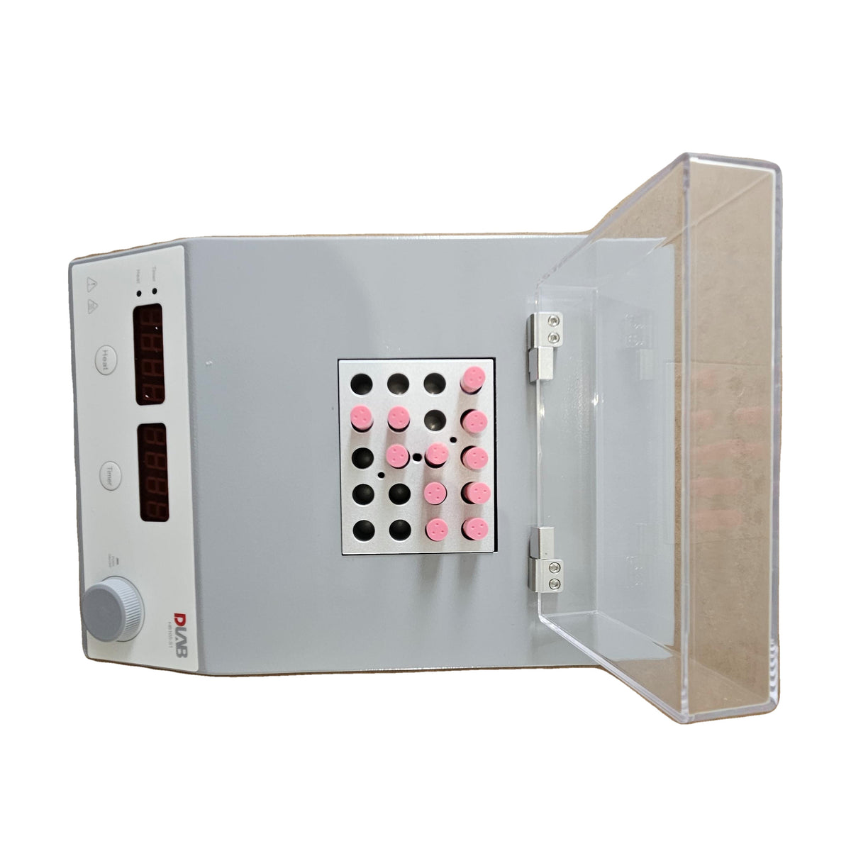 HB105-S1 with the transparent lid swung fully open, sample vials seated in the 20-well block, three-quarter view