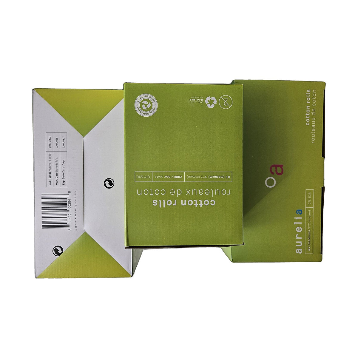 Aurelia Cotton Rolls #2 Medium CR1538 (AUR-CR1538-2PK) — three boxes with lot number, barcode and manufacturing date side panel