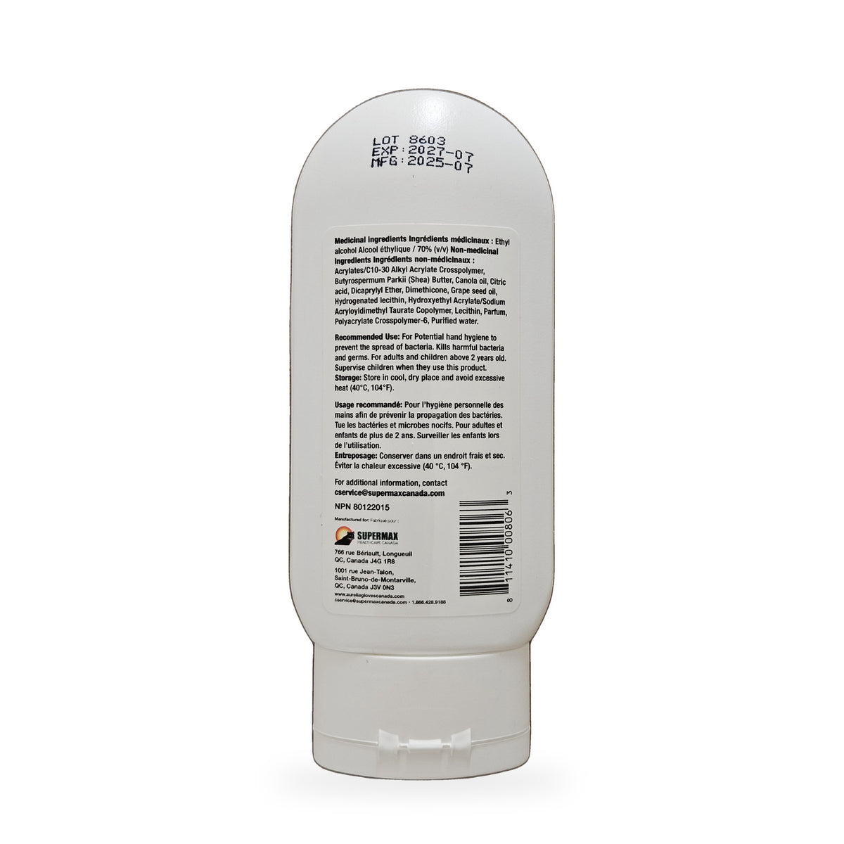 Aurelia DermaSeptyl 60 mL — back label with NPN 80122015, 70% ethyl alcohol and lot number