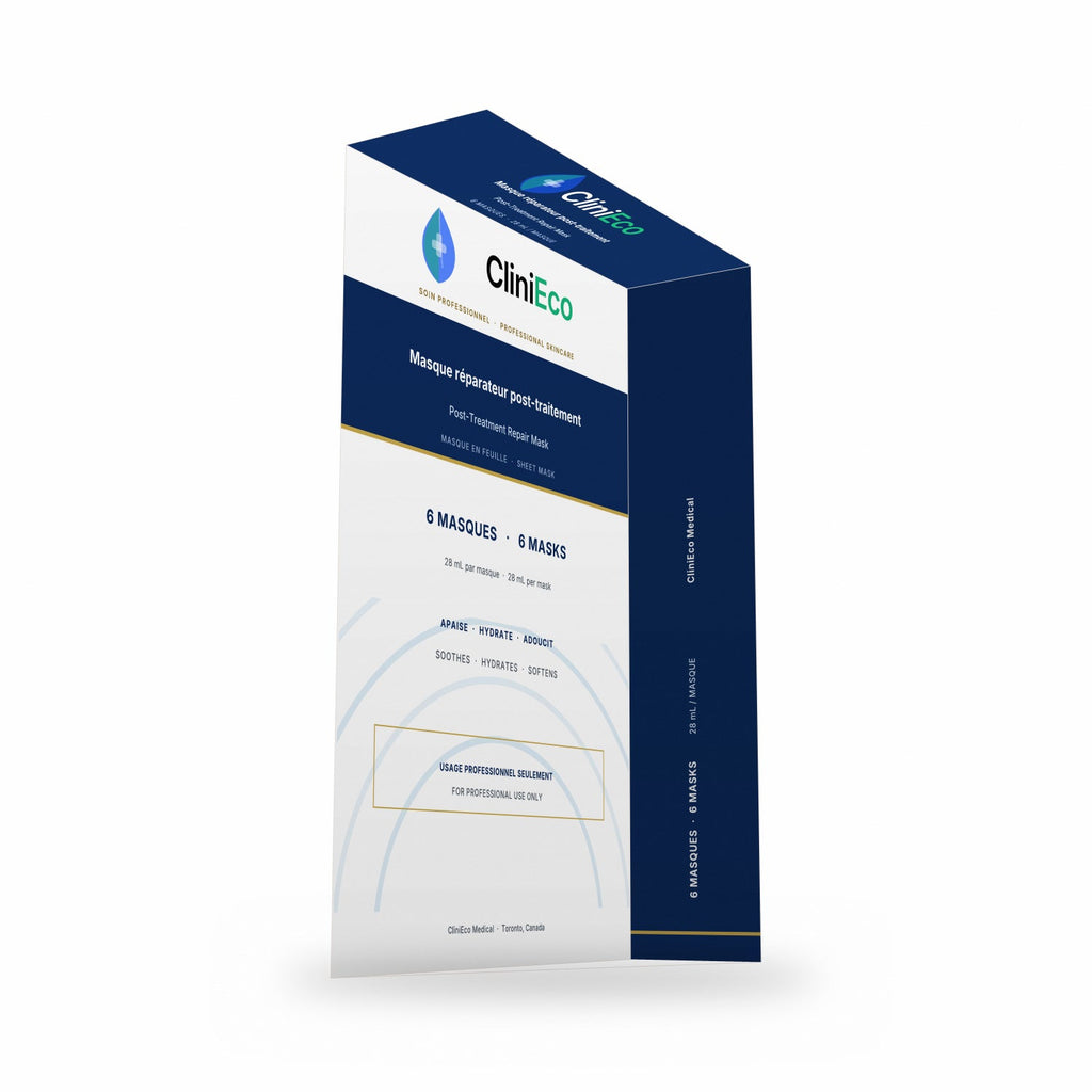 CliniEco Repair Mask carton, navy right-side panel with vertical brand and 28 mL per mask