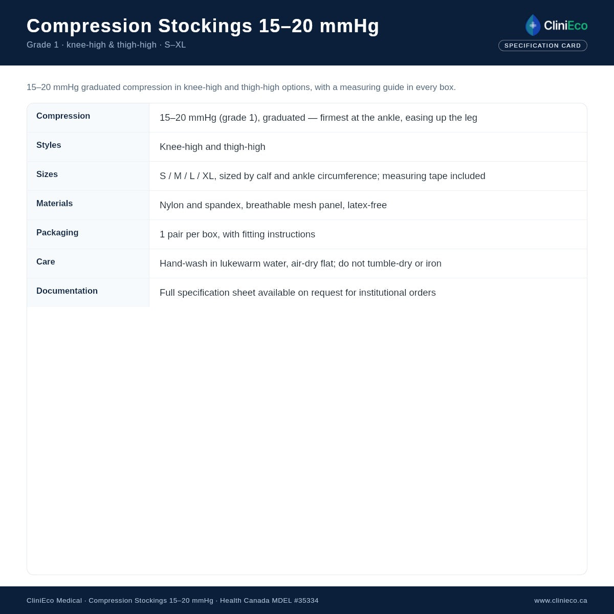 Compression stockings 15-20 mmHg specification summary