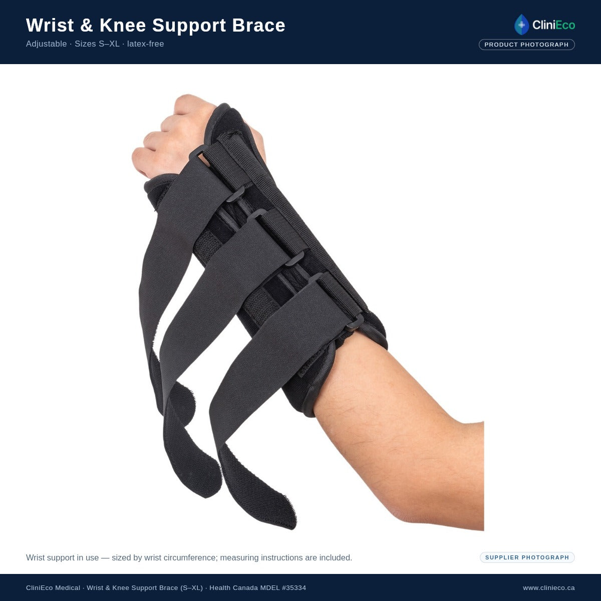 Wrist support brace worn on the forearm with the straps adjusted by hand