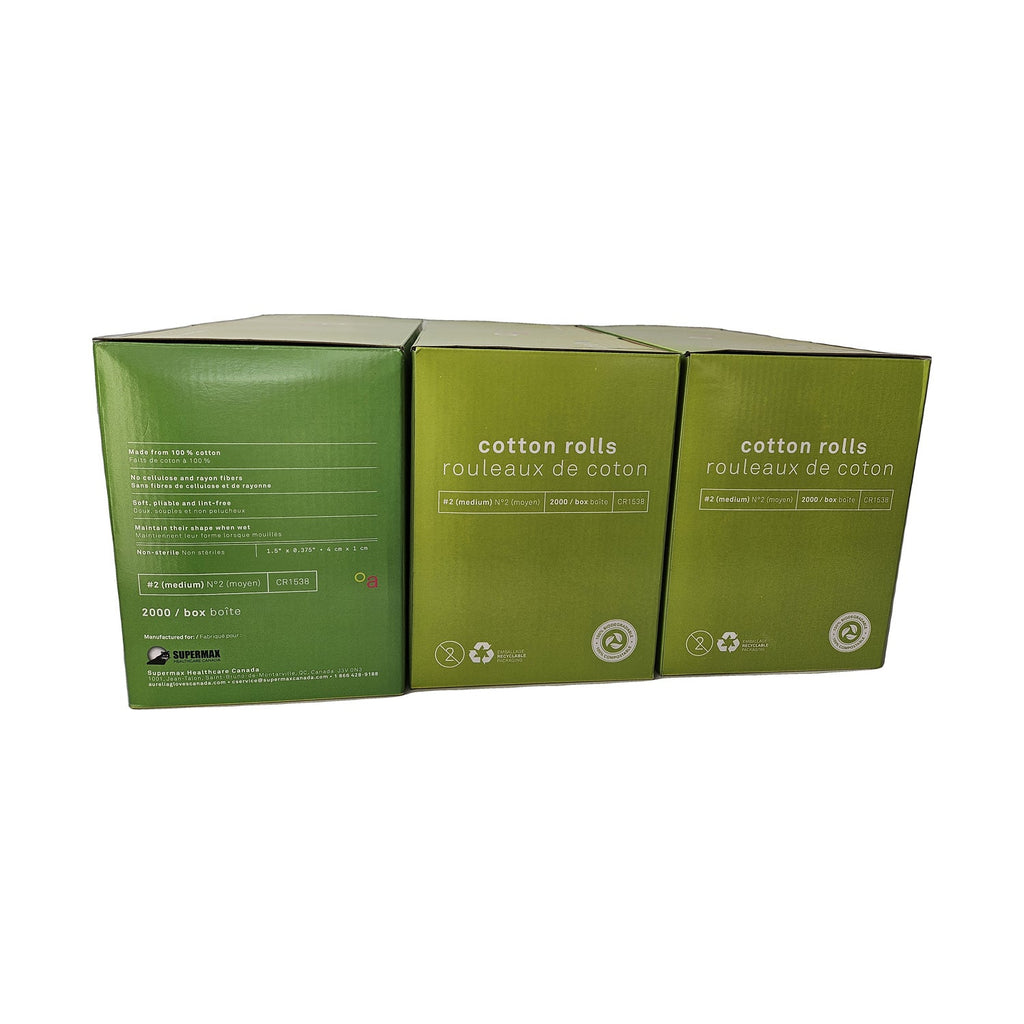 Aurelia Cotton Rolls #2 Medium CR1538 (AUR-CR1538-2PK) — three boxes showing back panel specifications and manufacturer