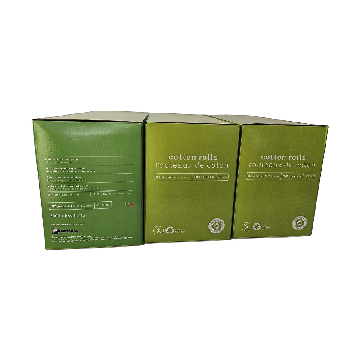 Aurelia Cotton Rolls #2 Medium CR1538 (AUR-CR1538-2PK) — three boxes showing back panel specifications and manufacturer