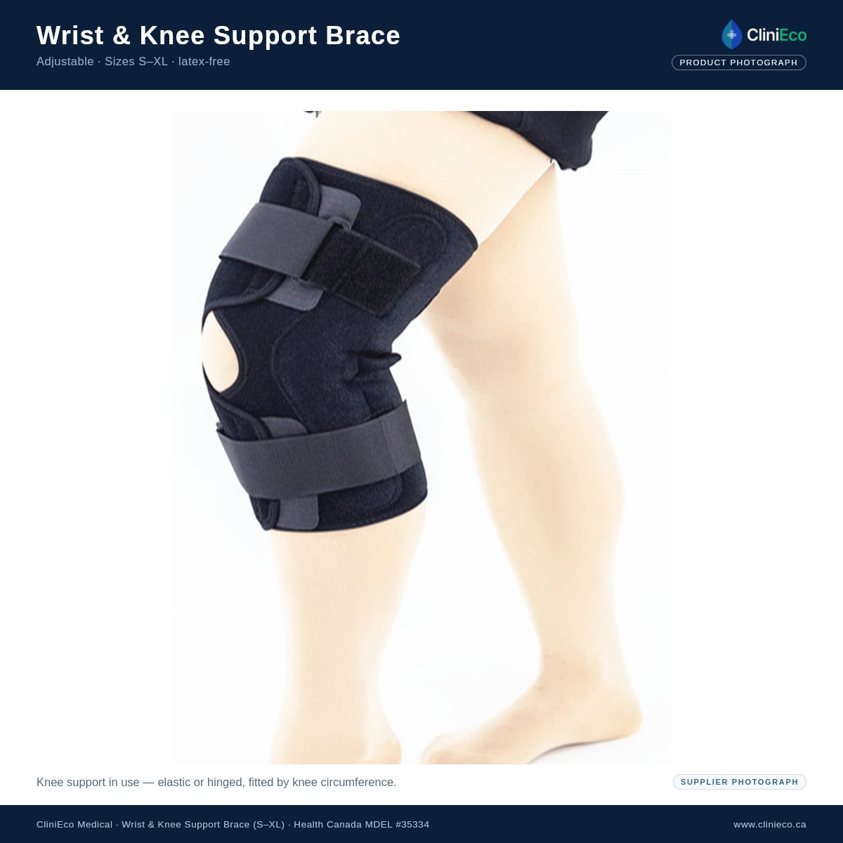 Knee support brace worn on the knee with adjustable hook-and-loop straps