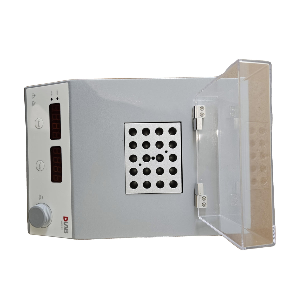 HB105-S1 three-quarter view, lid open and empty, LED displays lit on the front panel