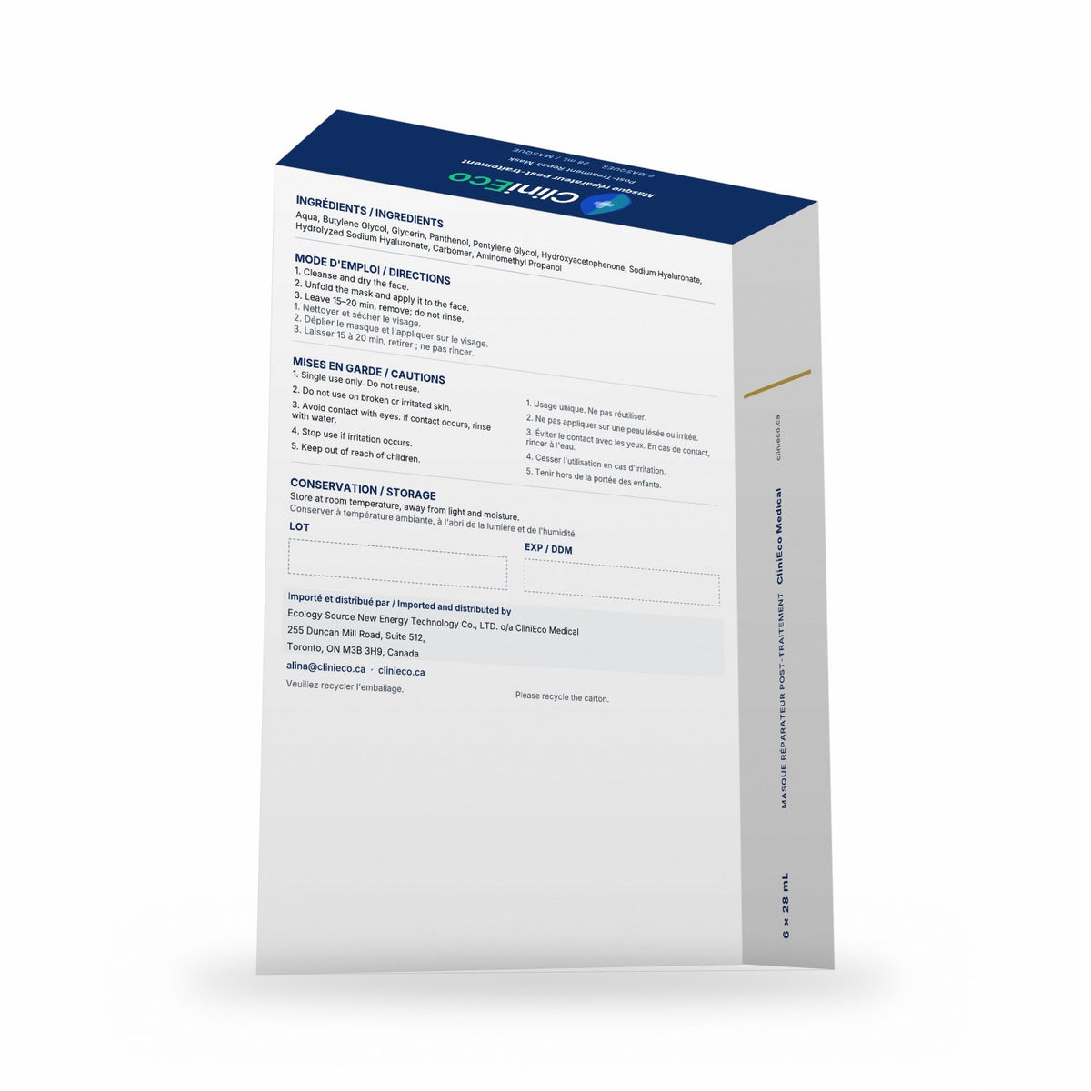 CliniEco Repair Mask carton, back panel with ingredients, directions and cautions