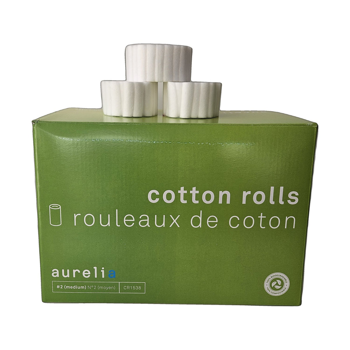 Aurelia Cotton Rolls #2 Medium CR1538 (AUR-CR1538-2PK) — three cotton rolls stacked on top of the box
