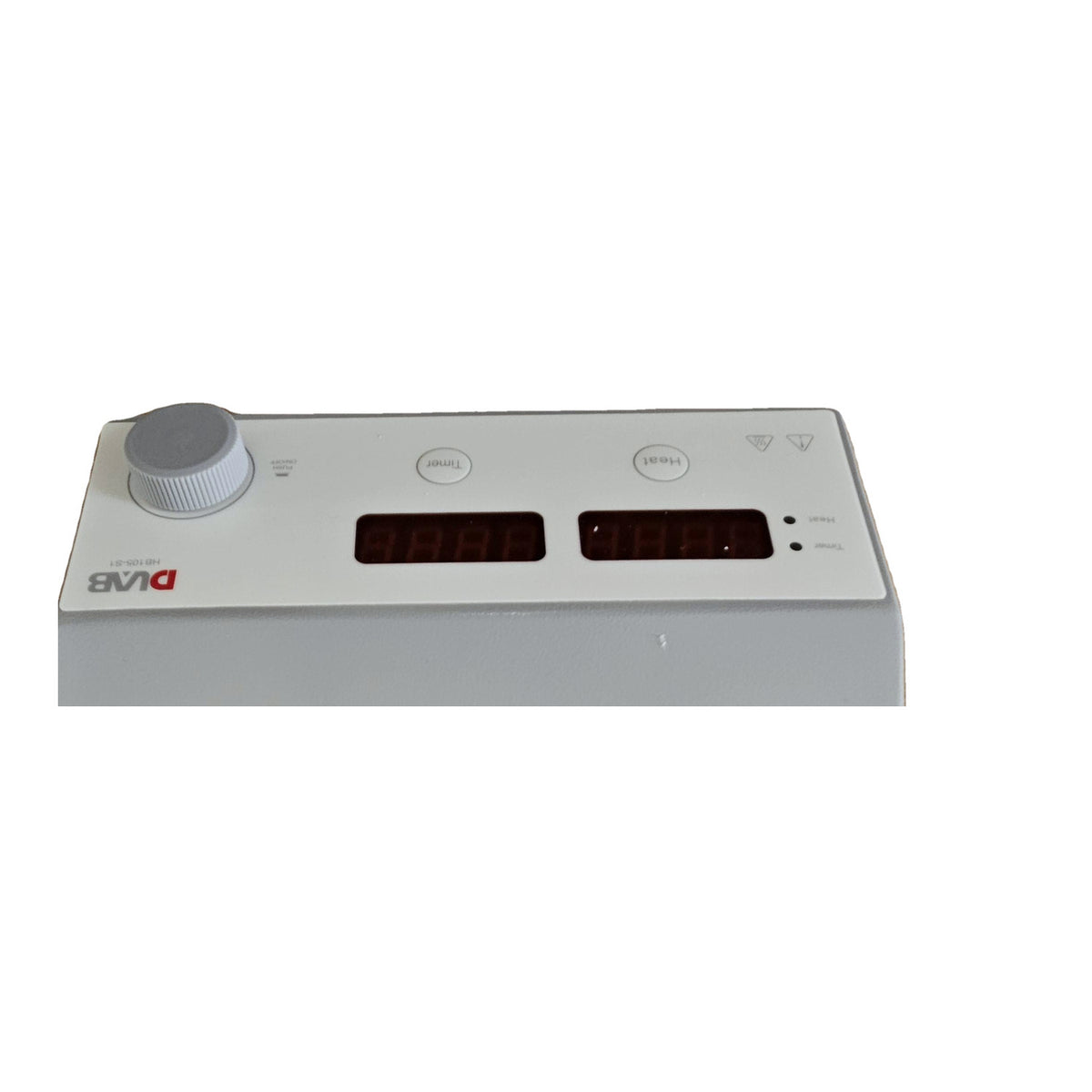 Control panel close-up: DLAB nameplate, temperature dial, dual LED displays, Heat and Timer buttons