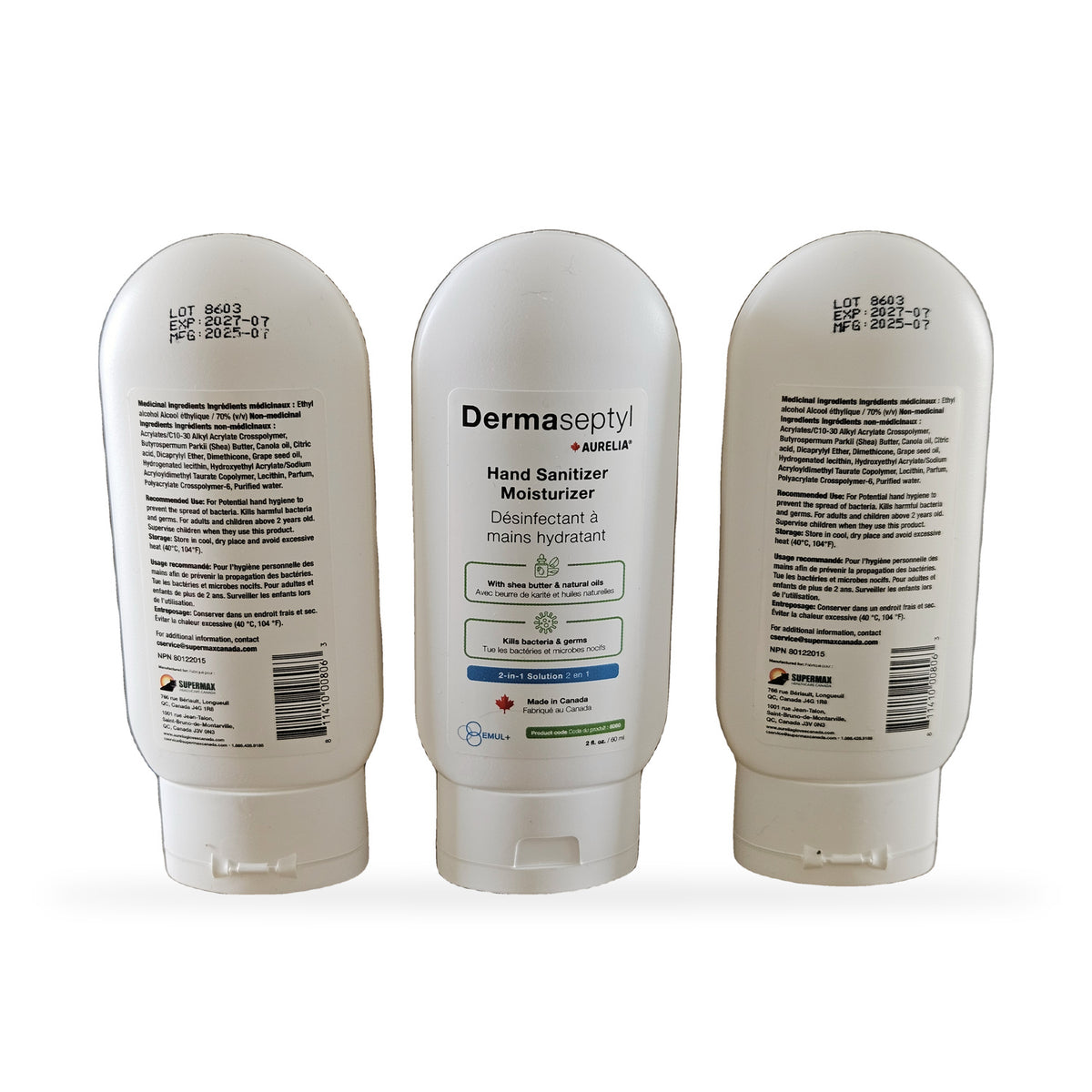 Aurelia DermaSeptyl 2-in-1 hand sanitizer, 60 mL — three bottles standing in a row