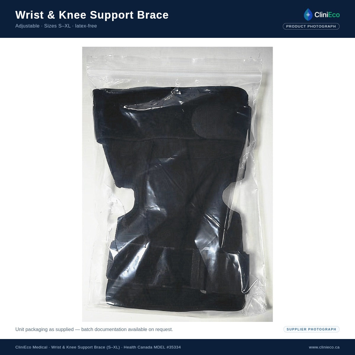 Unit packaging for the CliniEco Medical wrist and knee support brace