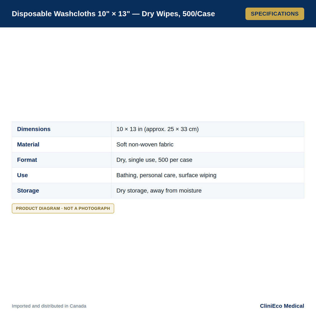 Disposable Washcloths 10" × 13" — Dry Wipes, 500/Case — Specifications