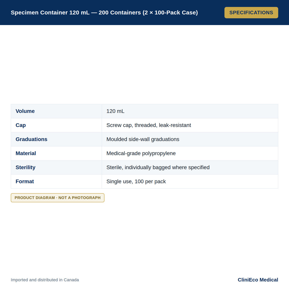 Specimen Container 120 mL — 200 Containers (2 × 100-Pack Case) — Specifications