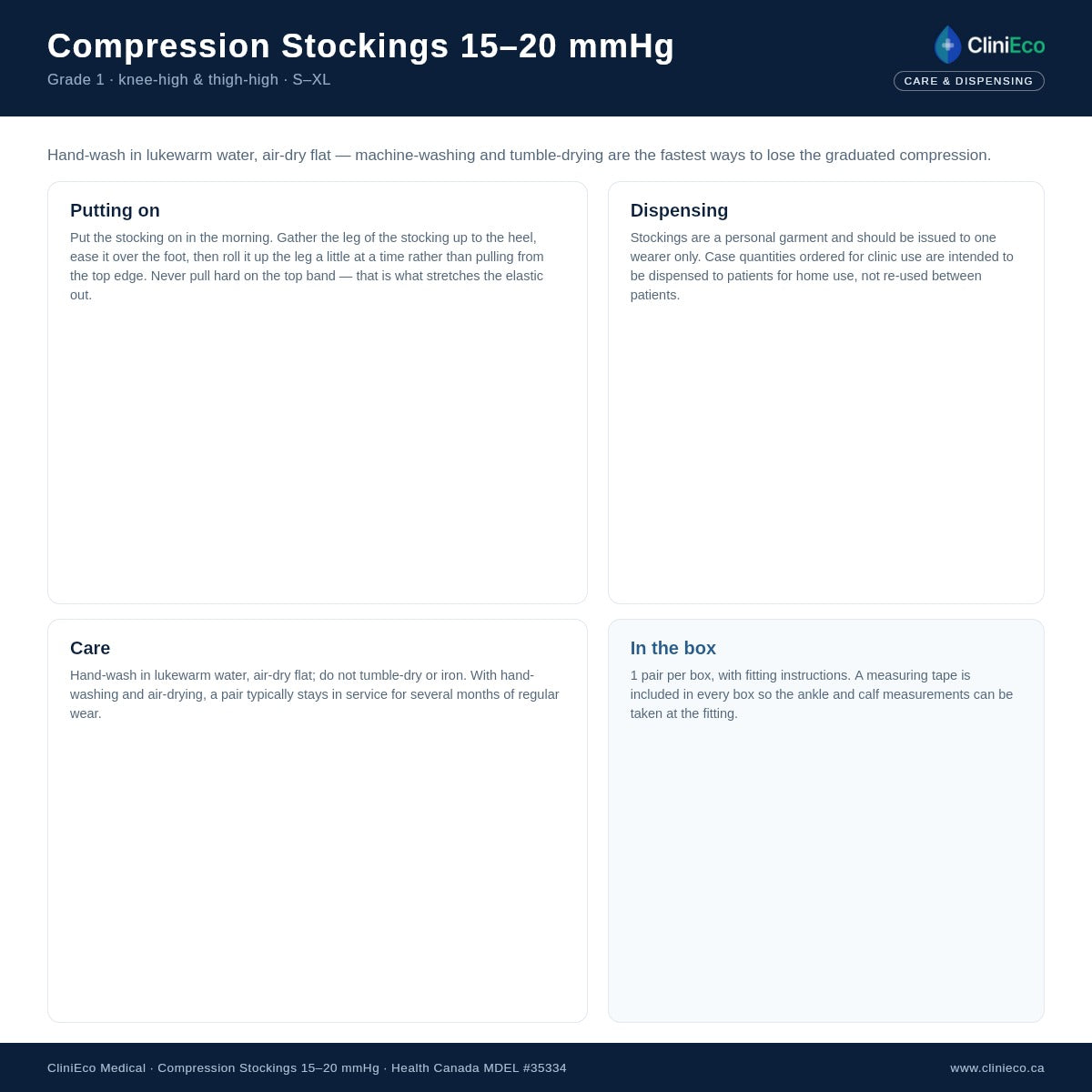 Compression stocking care and dispensing instructions