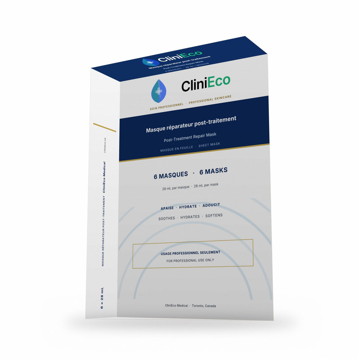 CliniEco Repair Mask carton, white left-side panel with vertical product name