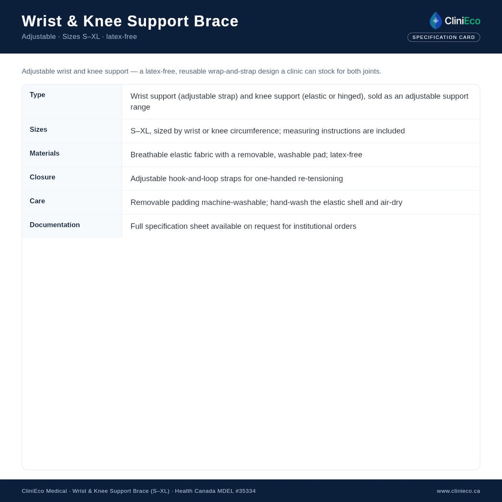 CliniEco Medical wrist and knee support brace specification summary