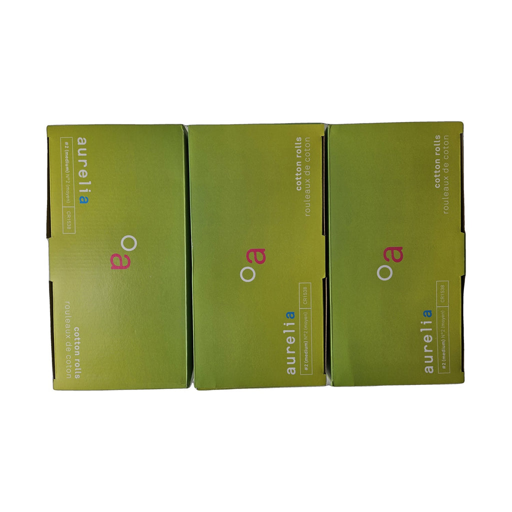 Aurelia Cotton Rolls #2 Medium CR1538 (AUR-CR1538-2PK) — three boxes standing upright, retail display
