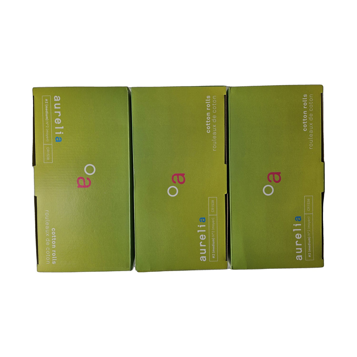 Aurelia Cotton Rolls #2 Medium CR1538 (AUR-CR1538-2PK) — three boxes standing upright, retail display