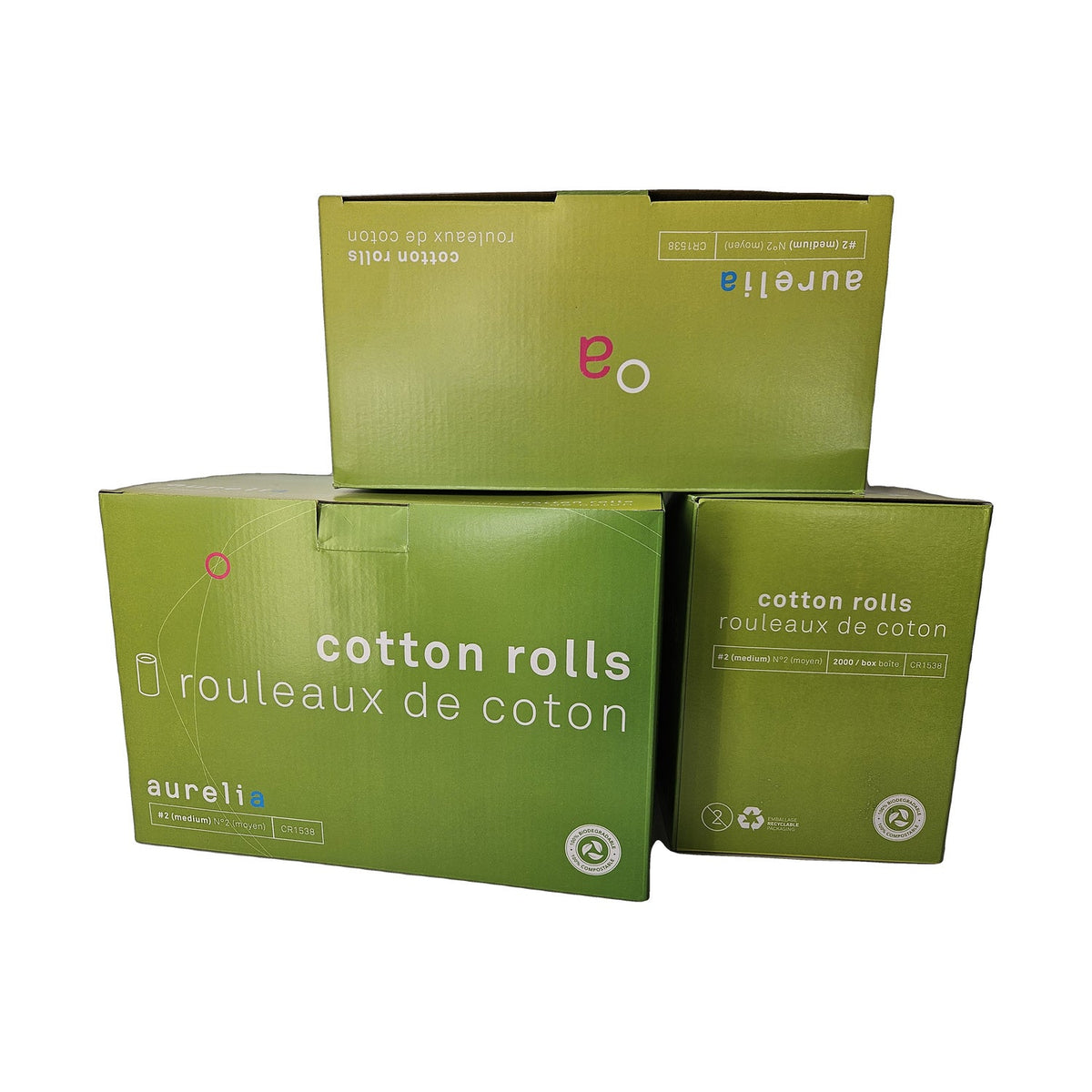 Aurelia Cotton Rolls #2 Medium CR1538 (AUR-CR1538-2PK) — three boxes arranged in a pyramid