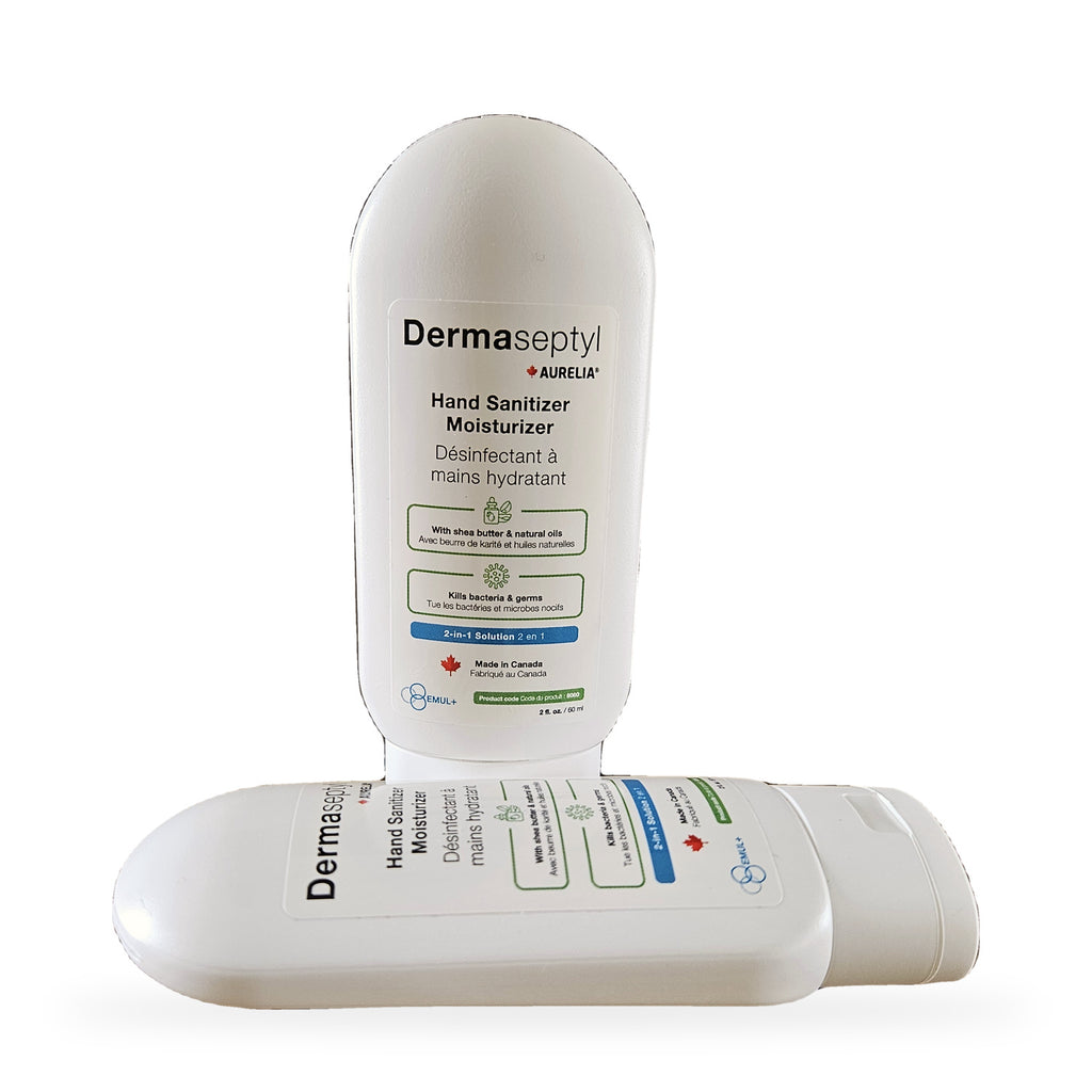 Aurelia DermaSeptyl 2-in-1 hand sanitizer, 60 mL — one bottle standing, one lying down