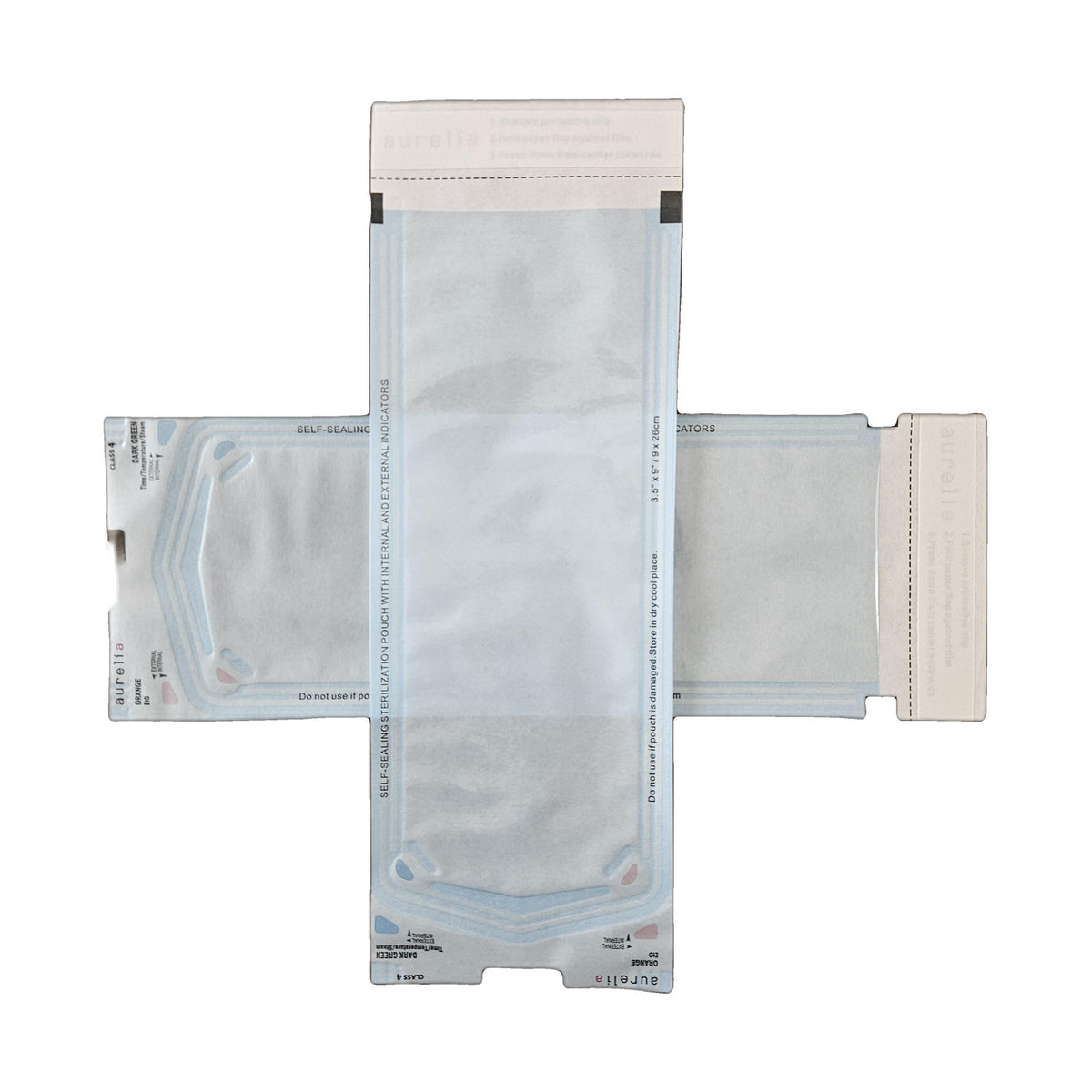 Self-sealing sterilization pouch 3.5 x 9 inch, front view on white background