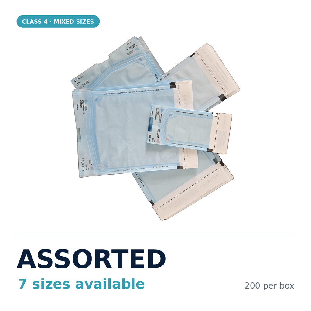 Assorted sizes of Class 4 self-sealing sterilization pouches, 200 per box
