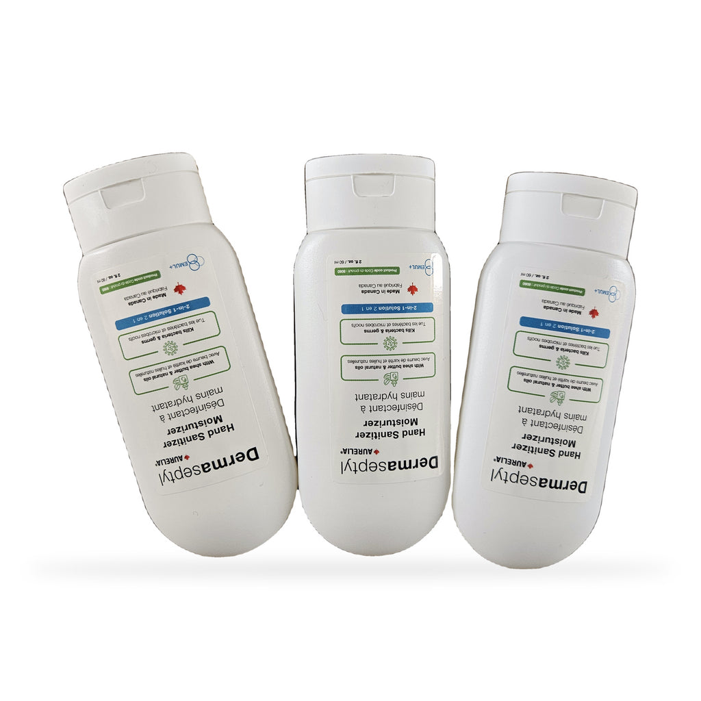 Aurelia DermaSeptyl 2-in-1 hand sanitizer, 60 mL — three bottles in a diagonal arrangement