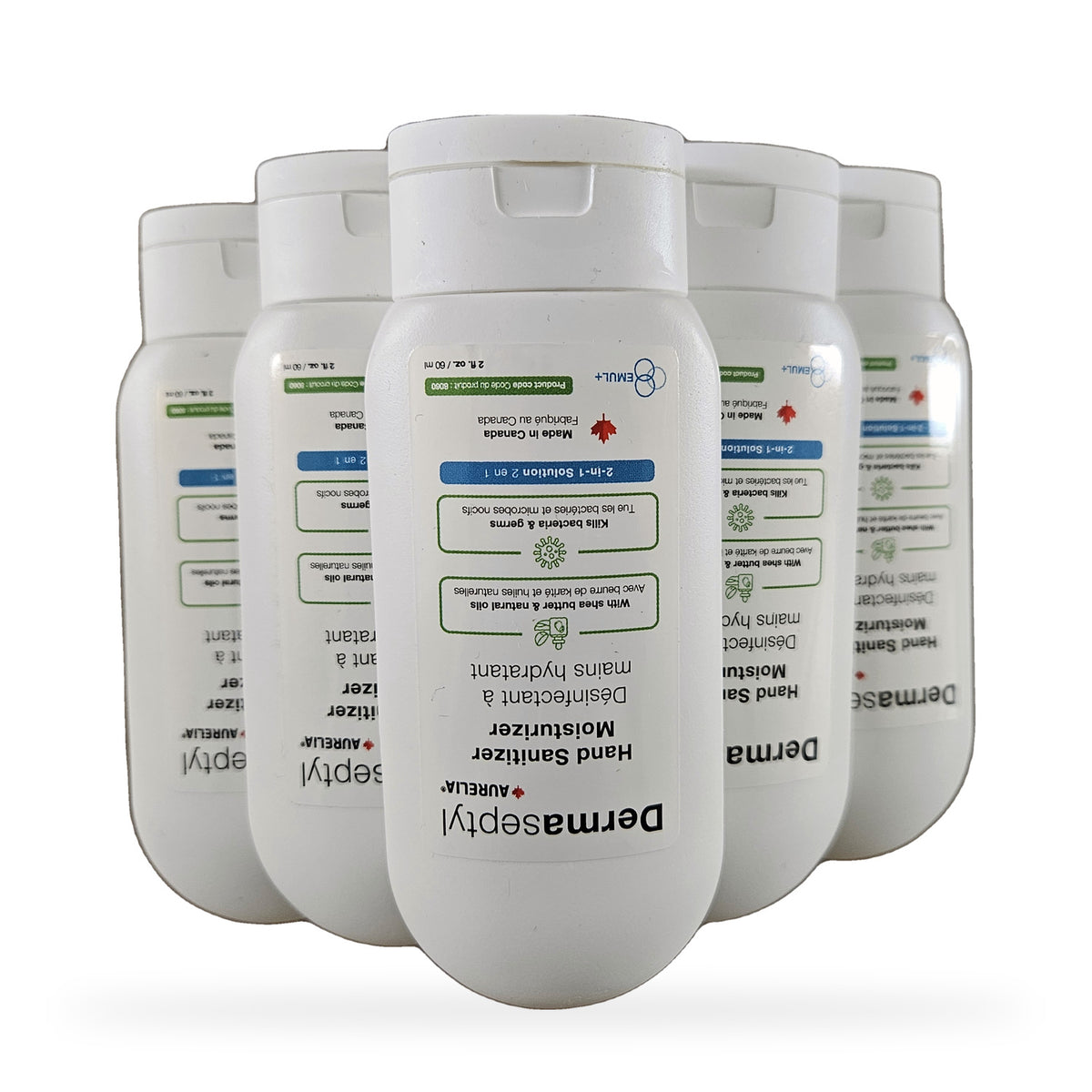 Aurelia DermaSeptyl 2-in-1 hand sanitizer, 60 mL — five bottles grouped together