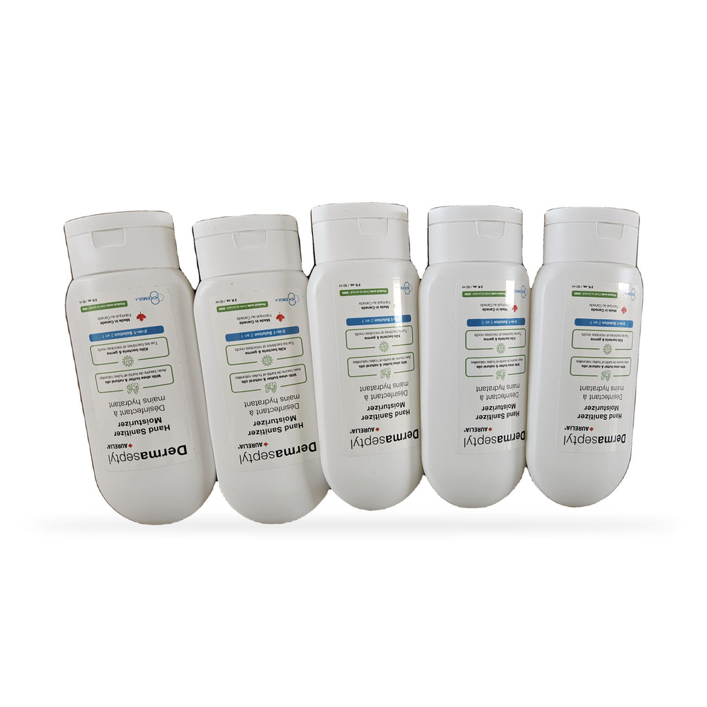 Aurelia DermaSeptyl 2-in-1 hand sanitizer, 60 mL — five bottles in a single row
