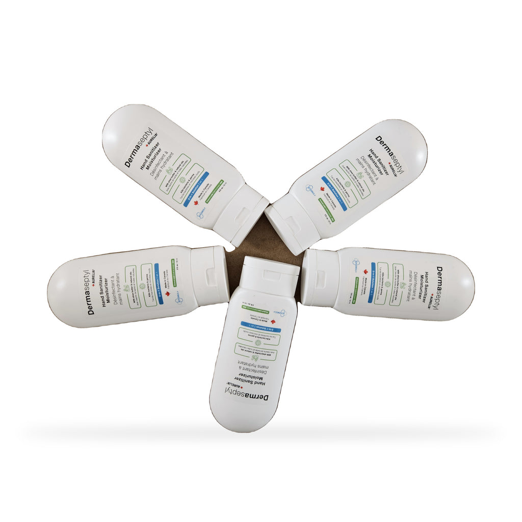 Aurelia DermaSeptyl 2-in-1 hand sanitizer, 60 mL — five bottles arranged in a star layout